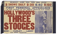 Partial Poster From The Three Stooges British Isles Tour in 1939 -- Curly Misspelled as ''Curley'' -- Measures 12.5'' x 7.5'' -- Trimmed Along Bottom Edge, Minor Wear & Chipping, Overall Very Good